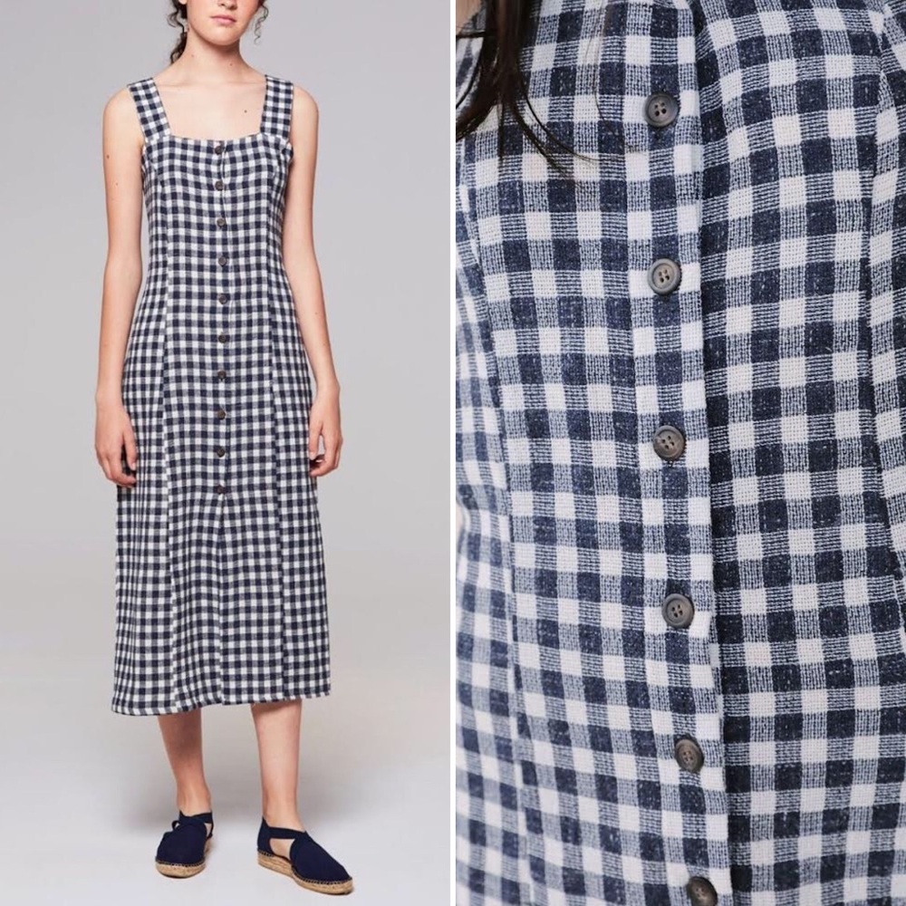 Navy Gingham Button Front Sleeveless Midi Dress